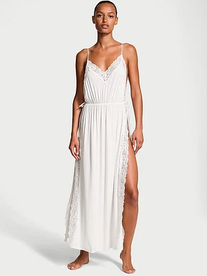 Modal Lace-Trim High-Slit Maxi Slip Dress