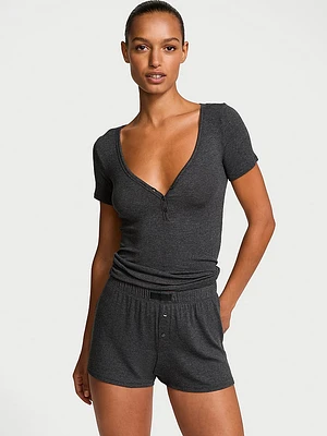 Ribbed Modal Short-Sleeve Henley & Boxer Shorts Set