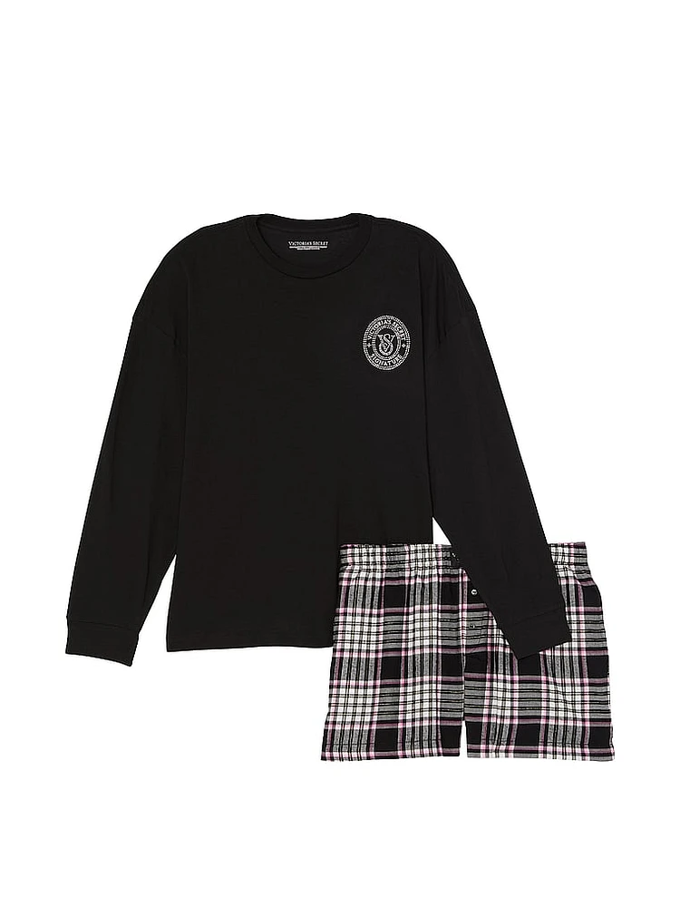 Flannel Long-Sleeve Short Tee-Jama Set