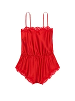 Satin Lace-Trim Romper