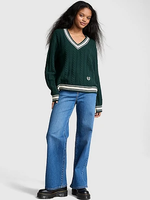 Collegiate Cable-Knit V-Neck Sweater