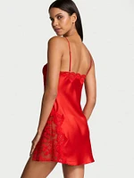 Satin Rose Lace-Trim Asymmetric Slip Dress