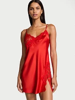 Satin Rose Lace-Trim Asymmetric Slip Dress