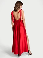 Tied-with-a-Bow Embroidery Plunge Satin High-Leg Gown