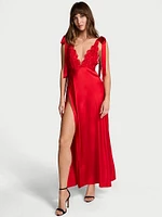 Tied-with-a-Bow Embroidery Plunge Satin High-Leg Gown