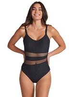 Sash Mesh Cutout Slimming One-Piece Swimsuit