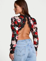 Atelier Victoria's Secret Noir Burnout Satin & Lace Trim Bolero Top