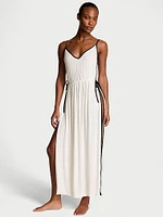 Ribbed Modal Velvet-Trim Long Slip Dress