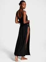 Ribbed Modal Velvet-Trim Long Slip Dress