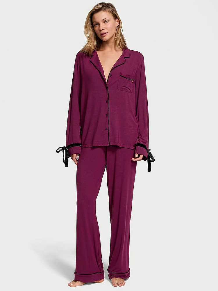 Modal Soft Velvet-Trim Long Pajama Set