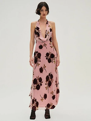 Rose Velvet Halter Maxi Dress