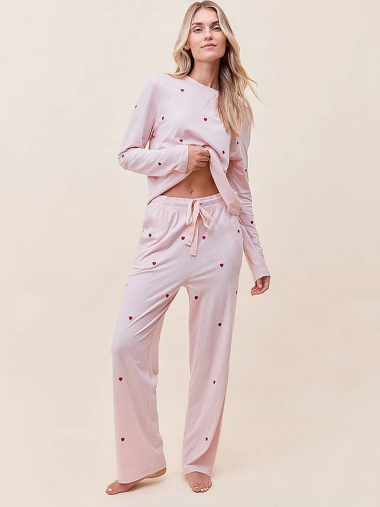 Heart Printed Cotton Long-Sleeve Tee & Straight Leg Pants