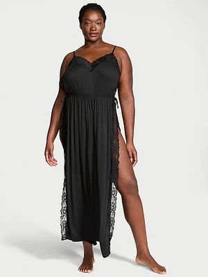 Ribbed Modal Lace-Trim Long Slip Dress