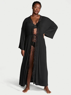 Ribbed Modal Lace-Trim Long Robe