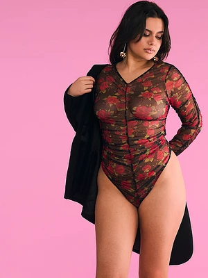 Rose Mesh Shirred Long-Sleeve Bodysuit