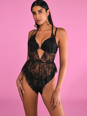 Rose Lace Plunge Flutter Romper