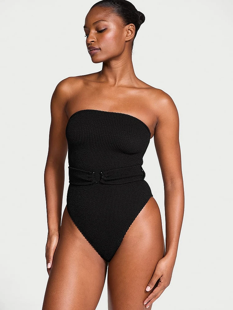 Crinkle Belted Strapless One-Piece Swimsuit