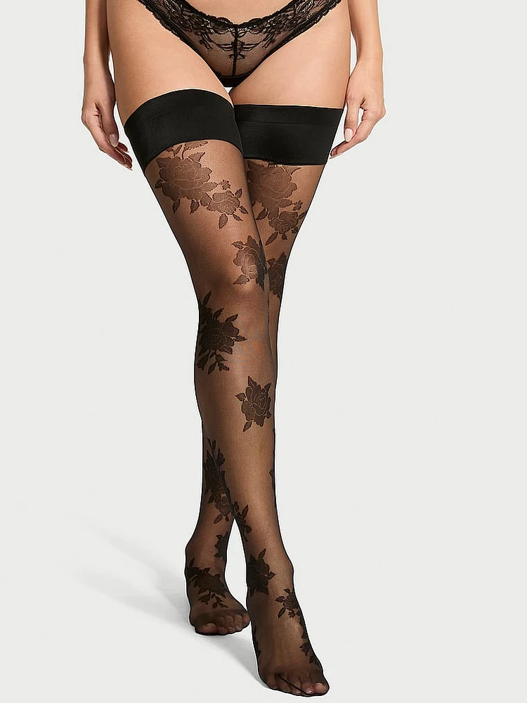 Red Rose Printed Thigh Highs