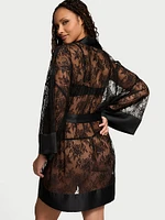 Rose Lace Satin-Trim Short Robe