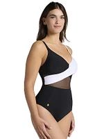 Cross-Front Contrast One-Piece Slimming Swimsuit