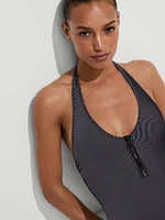Two-Tone Rib Plunge Zip One-Piece Swimsuit