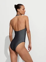 Two-Tone Rib Plunge Zip One-Piece Swimsuit