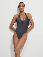 Two-Tone Rib Plunge Zip One-Piece Swimsuit