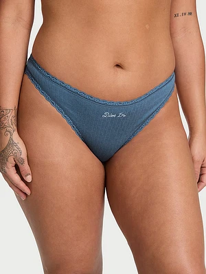 Cotton Pointelle Lace-Waist Thong