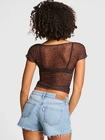 Mesh Ruched Cap-Sleeve Cropped Top