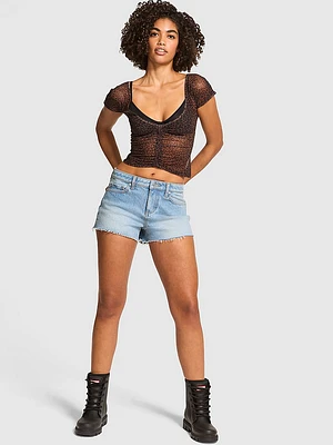 Mesh Ruched Cap-Sleeve Cropped Top