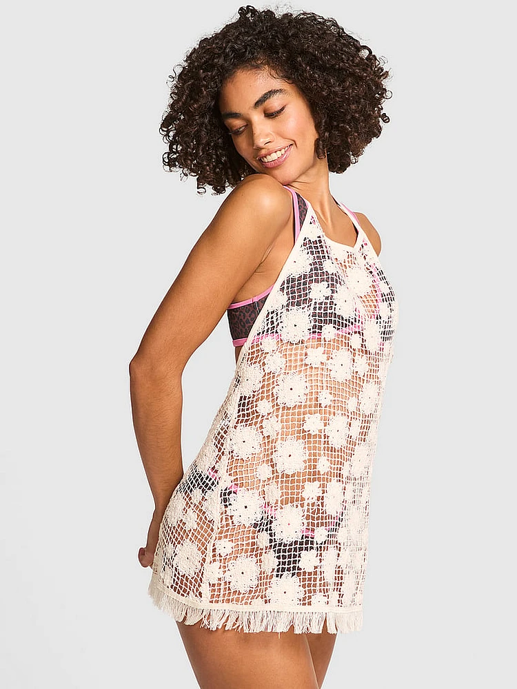 Beach Blooms Crochet Halter Mini Dress