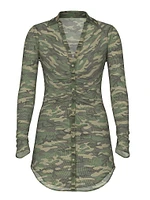 Mesh Ruched Long-Sleeve Shirt Dress