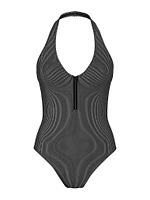 Two-Tone Rib Plunge Zip One-Piece Swimsuit