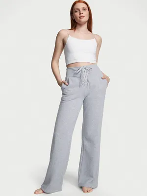 Cotton High-Rise Fleece Wide-Leg Lace-Up Lounge Pants