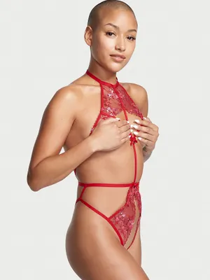 Floral Embroidery Strappy Crotchless Teddy