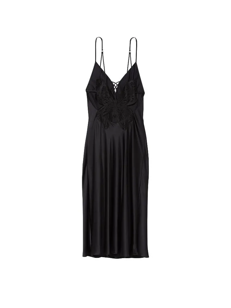 Long Satin Slip Dress with Butterfly Back Detail - BUTTERFLY - NOIR - ETAM