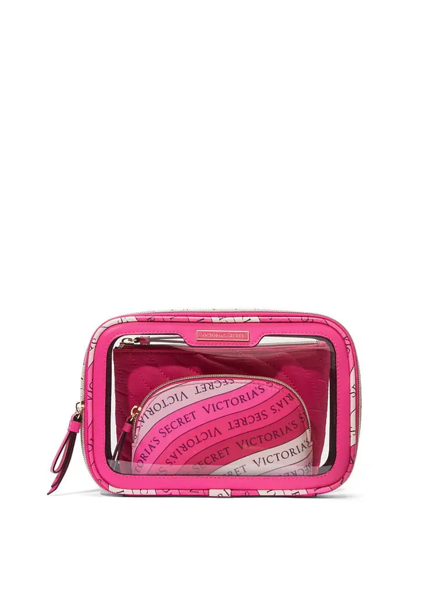 VICTORIA SECRET Signature Pink Striped Travel Cosmetic Makeup Bag