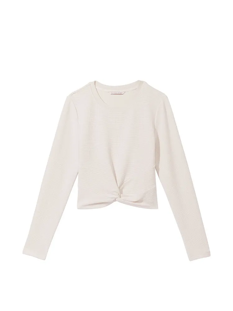 Double Waffle Knit Twist-Front Long-Sleeve Top