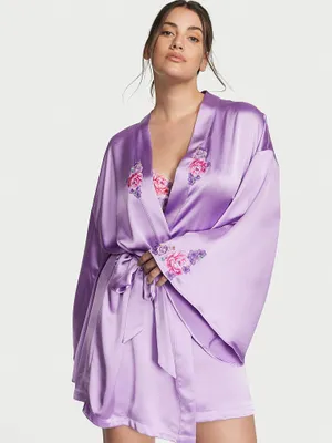 Floral Embroidery Stretch Satin Robe