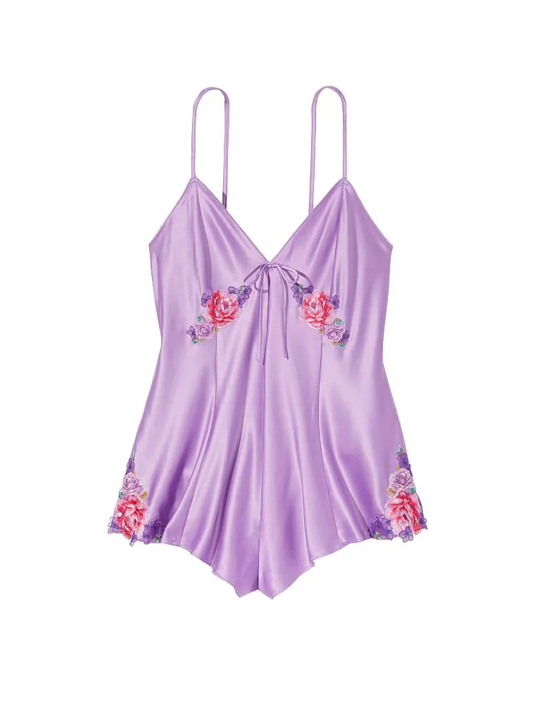 Victoria's Secret Floral Embroidery Stretch Satin Romper