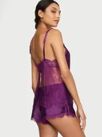 Chain Strap Satin Lace-Trim Cami Shorts Set