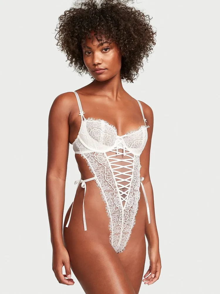 Women's Red Sheer Lace Thong Bodysuit | Be Wicked
