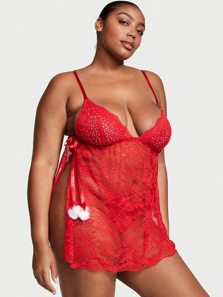 Plus Size Peek a Boo 2 piece Lace lingerie set - Red