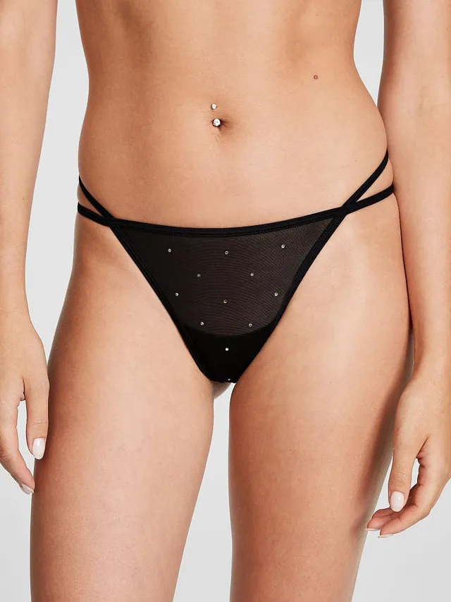 Flocked Logo Mesh Thong Panty