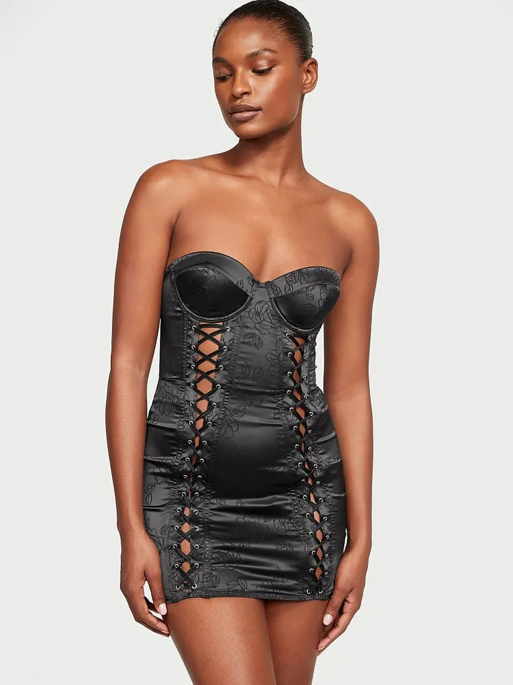 Satin Jacquard Lace-Up Corset Slip