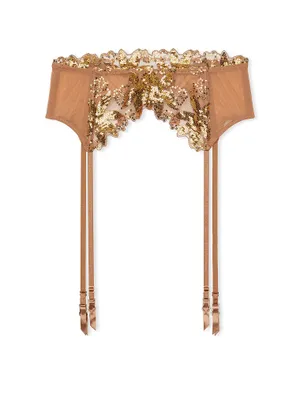 Gold Sequined Ziggy Glam Floral Embroidery Garter Belt