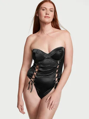 Satin Jacquard Lace-Up Strapless Teddy