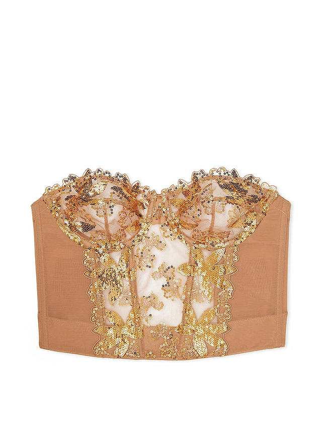 Gold Sequined Ziggy Glam Floral Embroidery Low-Cut Demi Bra