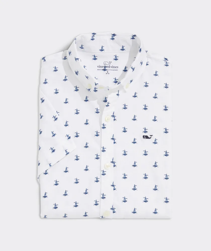 Boys Sailboat Micro Printed Short Sleeve Shirt