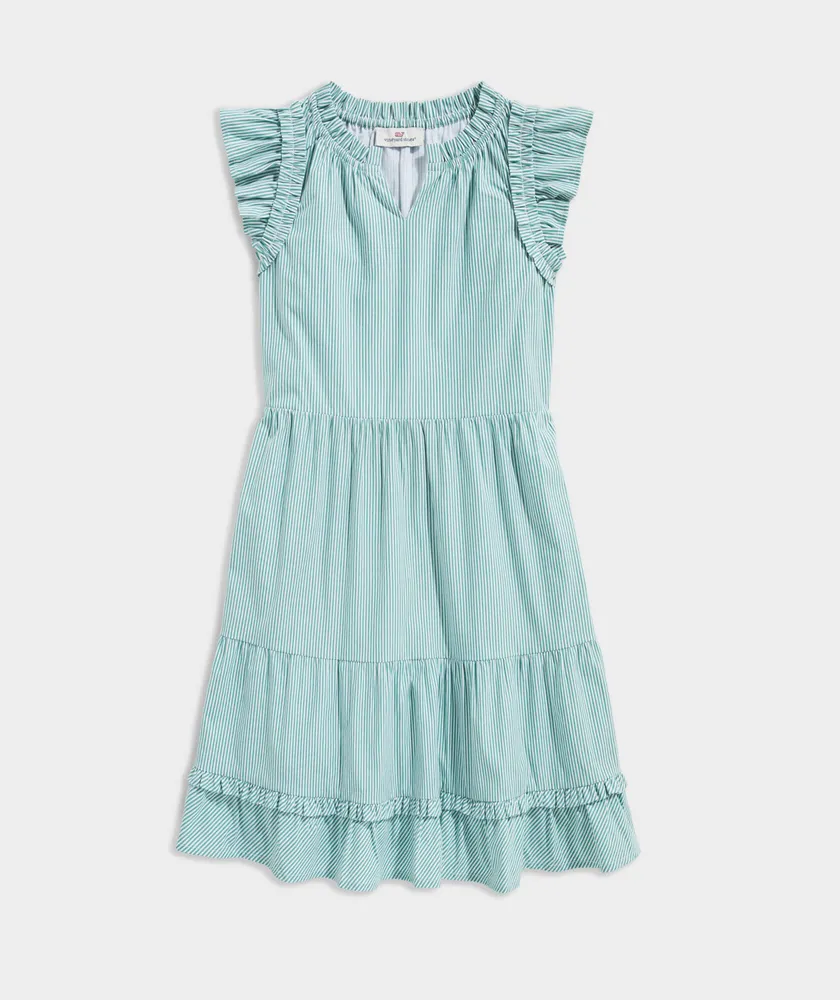 Girls' Striped Tiered Ruffle Neck Dress